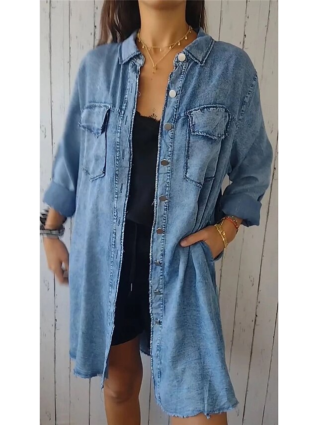 Women's Denim Jacket Outdoor Street Daily Wear Fall Winter Long Coat Regular Fit Thermal Warm Breathable Stylish Casual Jacket Long Sleeve Solid Color with Pockets Light Blue Navy Blue Dark Gray 6