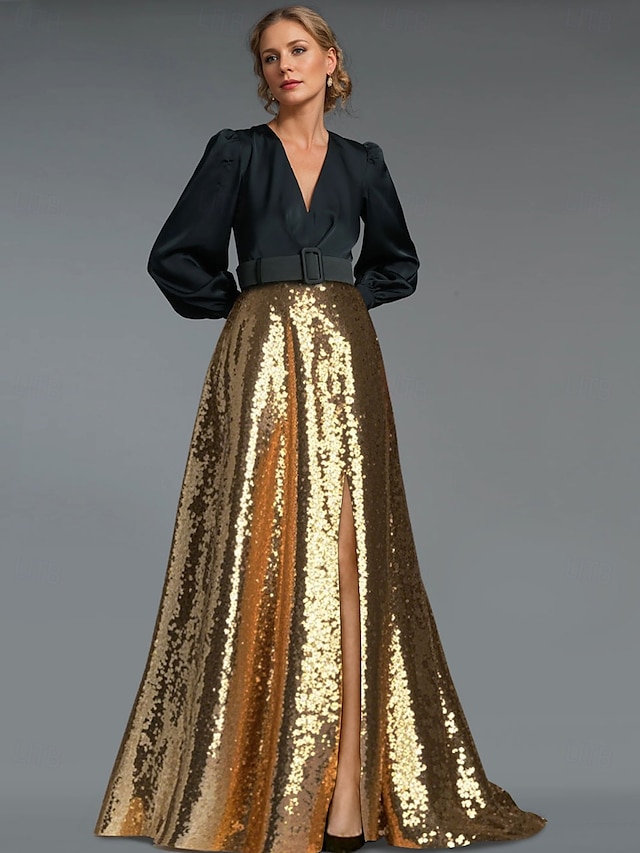  Gold Pailletten A-Linie Schwarzes Abendkleid Elegantes Kleid Smoking Kleid Formal Bodenlänge Langarm V-Ausschnitt Gürtel  Schärpe mit Schlitz