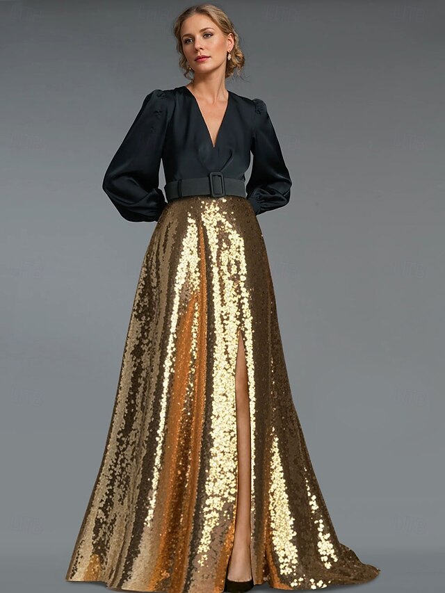 Gold Sequined A-Line Black Evening Gown Elegant Dress Tuxedo Dress Formal Floor Length Long Sleeve V Neck Belt / Sash with Slit4