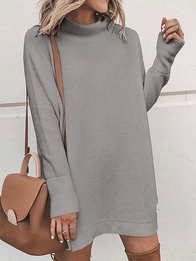  Women's Sweater Dress Casual Soft Pure Color Ribbed Turtleneck Knitted Long Sleeve Long Tops Knit Outdoor Daily Weekend Black White Fall Winter
