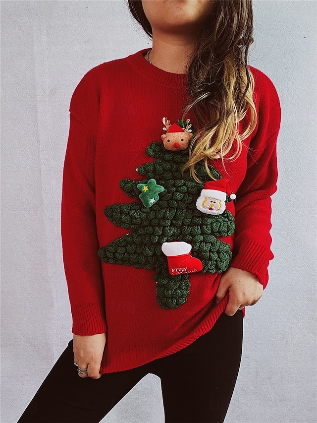 Women's Ugly Sweater Sweaters Crew Neck Ribbed Knit Knitted Fall Winter Outdoor Casual Soft Long Sleeve Tree Black Red 22