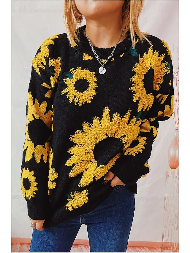 Women's Sweater Pullover Sweater Jumper Casual Soft Floral Ribbed Crew Neck Knitted Long Sleeve Regular Tops Knit Outdoor Daily Weekend Black Blue Fall Winter 5