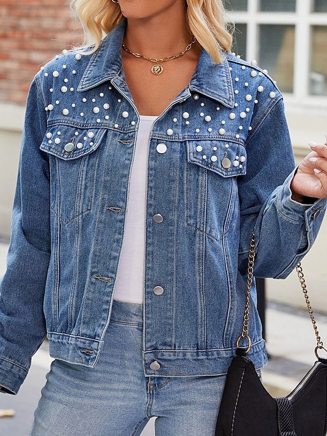 Women's Denim Jacket Outdoor Street Daily Wear Fall Winter Short Coat Regular Fit Thermal Warm Breathable Stylish Casual Jacket Long Sleeve Solid Color with Pockets Beaded Black Blue 8
