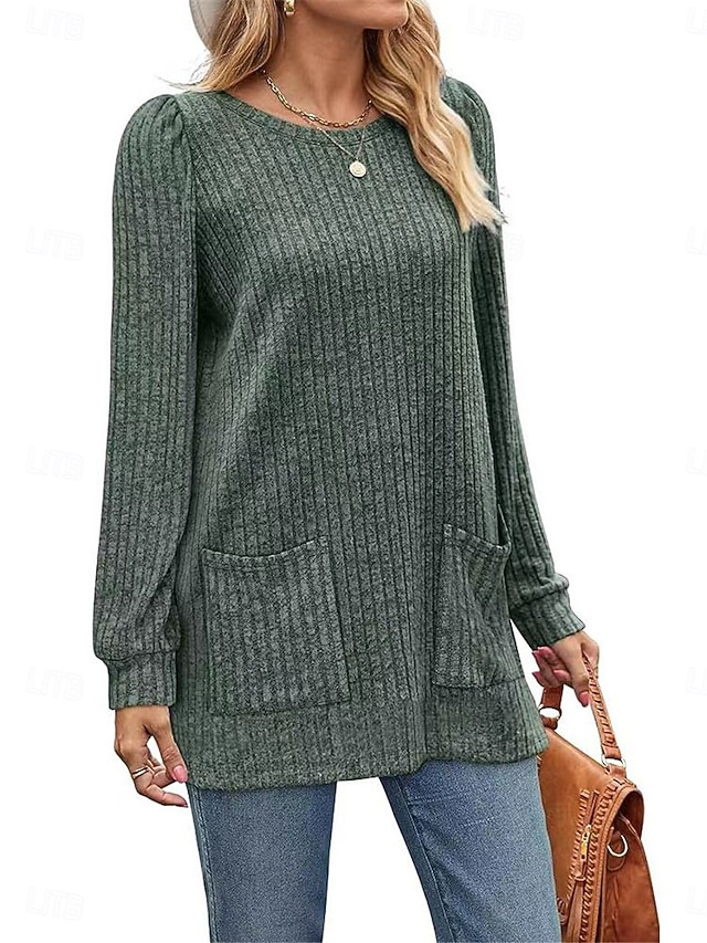  Dam T-shirt Slät Mode Modern Ledigt Långärmad Rund hals Vanliga toppar Dagligen Helgen Ficka Armégrön Brun Grå Höst Vinter