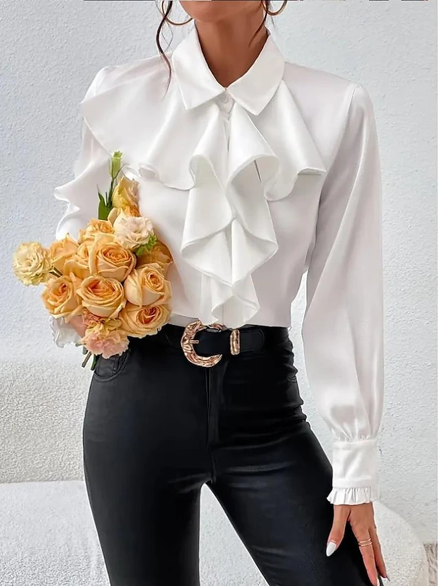 Women's Shirt Elegant Dressy Satin Elegant Active Long Sleeve Crew Neck Black White Spring Fall Winter 7