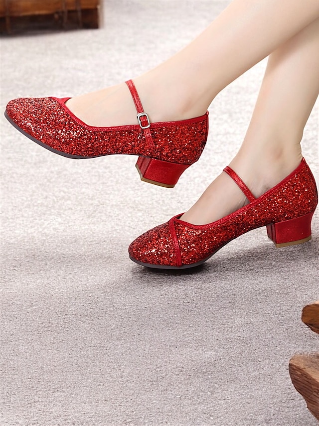  chaussures de danse Mary Jane à paillettes dorées pour femmes – chaussures de salon à talon bas pour événements spéciaux et spectacles