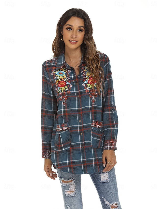  Damen Boho-Hemd Blumen Karomuster Blume Lässig Boho Langarm Bischofsärmel Hemdkragen Normale Oberteile Valentinstag Arbeit Täglich Bestickt Blau Frühling, Herbst, Winter, Sommer