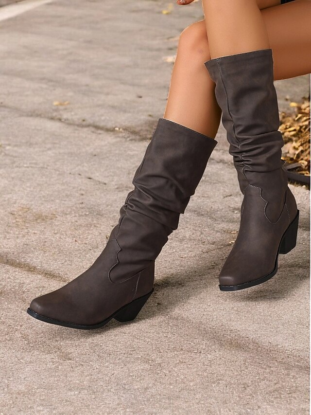 Women's Slouchy Mid-Calf Western Boots with Block Heel – Vintage-Inspired Brown Cowboy Boots for Casual and Everyday Wear 11