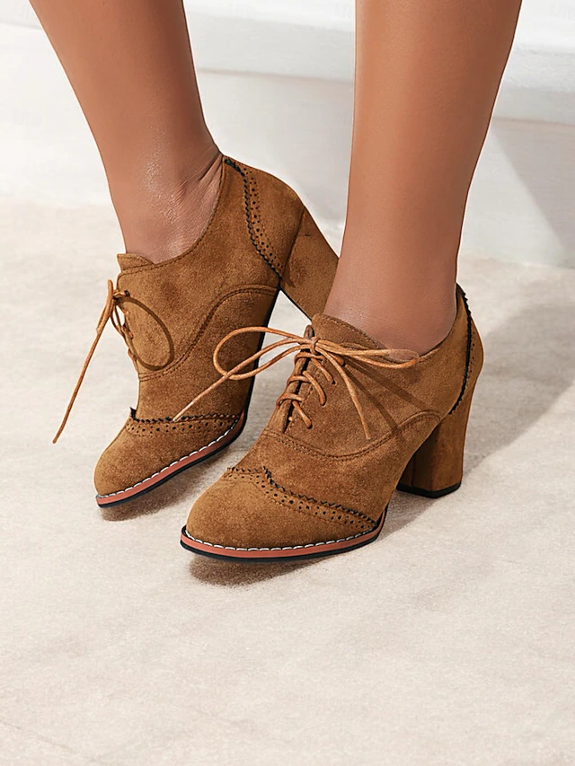 Women's Faux Suede Lace-Up Oxford Shoes with Block Heels – Vintage Style Brogue Pumps for Casual and Office Wear 13