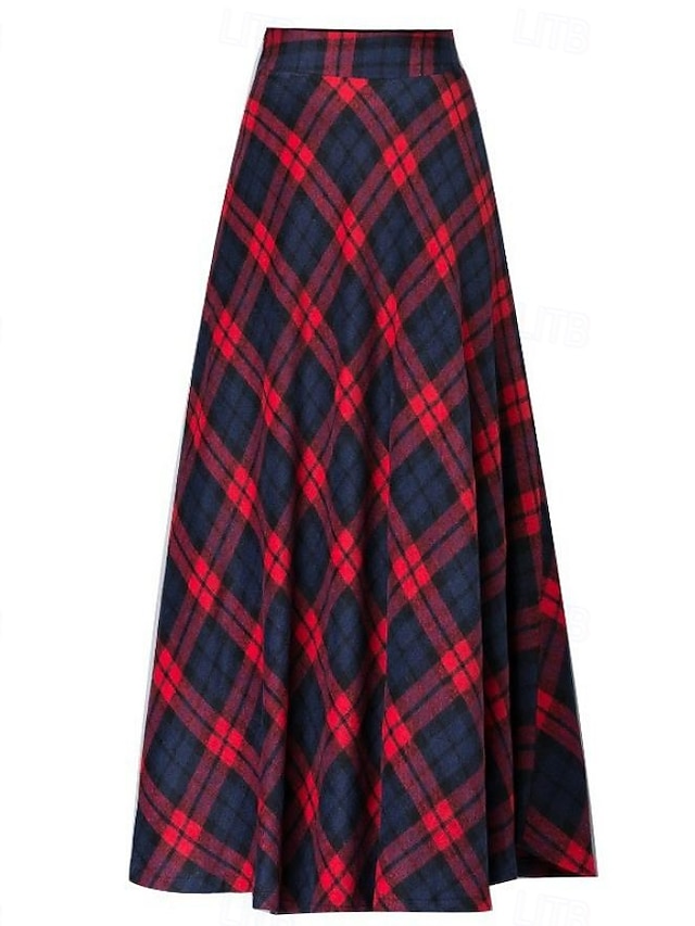 Damen kariertes U-Ausschnitt langes Kleid Maxikleid Herbst Winter