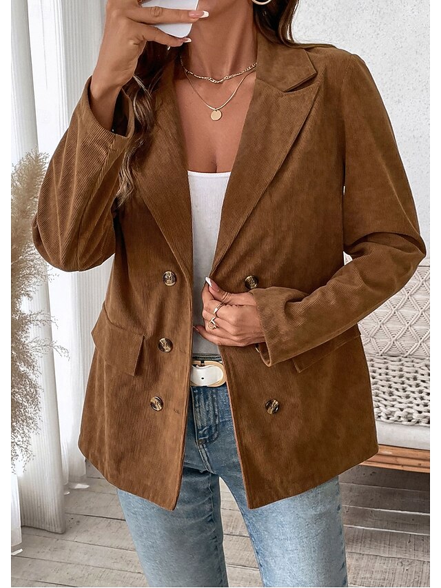 Women's Corduroy Jacket Office Button Solid Color Vintage Loose Fit Outerwear Long Sleeve Spring dark brown S 5