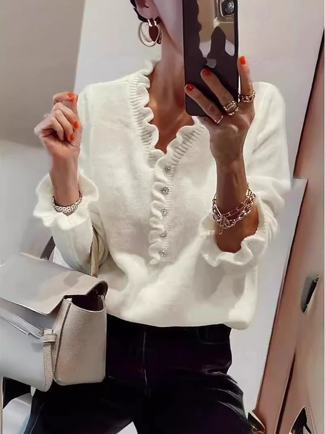 Women's Sweater Elegant Daily Solid Color V Neck Ruffle Long Sleeve Regular Tops Knit Work White Light Blue Fall Winter 7