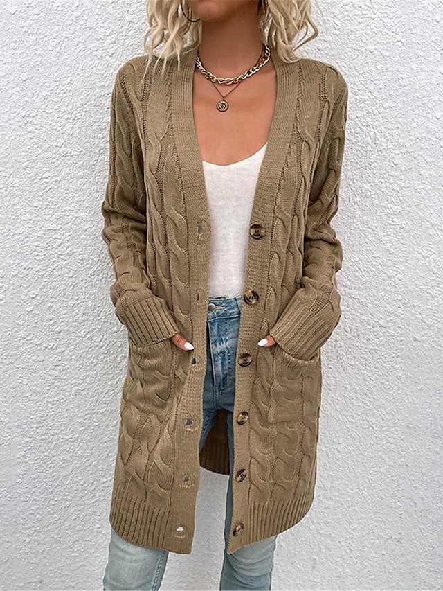  Per donna Felpa Cardigan Informale Morbido Colore puro A coste A V Tasche Lavorato a maglia Manica lunga Maglie lunghe Maglia Esterno Giornaliero Fine settimana Rosso Verde Autunno Inverno