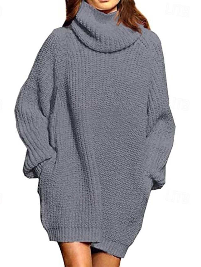  Dame Sweater Kjole Afslappet Helfarve Rullekrave Strikket Langærmet Almindelige toppe Strikke Daglig Weekend Sort Rød Efterår Vinter