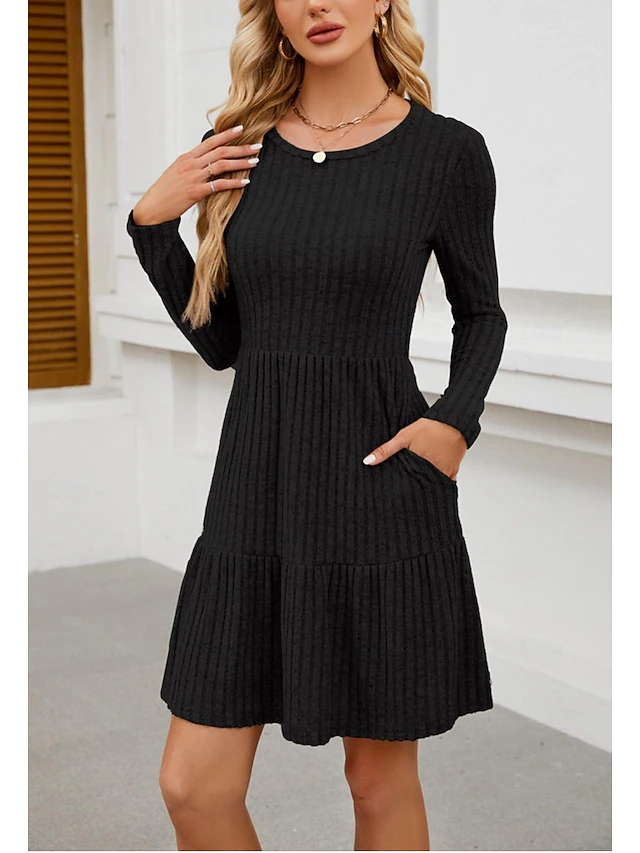 Women's Work Dress Black Dress Elegant Daily Mini Dress Design Crew Neck Long Sleeve Plain Loose Fit Black Spring Fall S M L XL 2XL 5