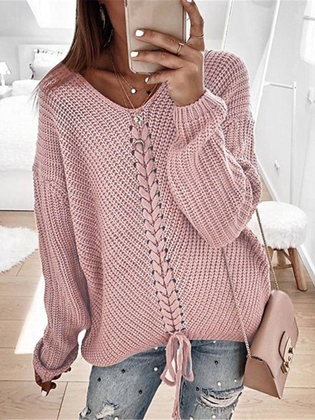 Women's Sweater Pullover Sweater Jumper Casual Soft Pure Color Ribbed V Neck Knitted Long Sleeve Regular Tops Knit Outdoor Daily Weekend Pink Blue Fall Winter 10