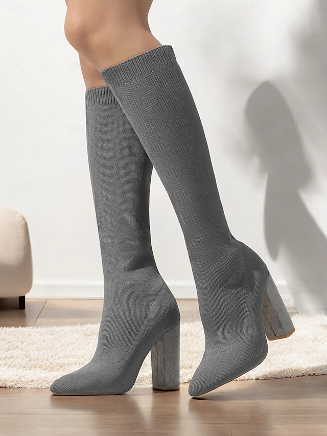 Women's Stretchy Knit Knee-High Boots with Chunky Heels – Elegant Green Fashion Boots for Fall/Winter 15