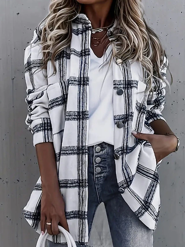 Women's Casual Jacket Outdoor Street Daily Wear Fall Winter Regular Coat Regular Fit Thermal Warm Breathable Stylish Casual Jacket Long Sleeve Stripes and Plaid with Pockets Print White 5