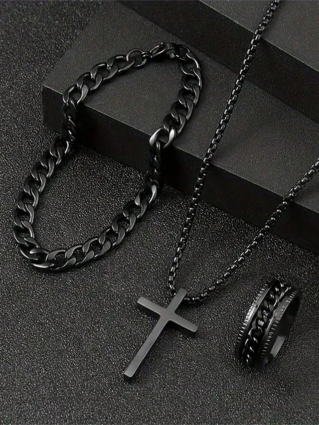  heren kruisketting, kettingarmband en gegraveerde ringset van legering – duurzame en stijlvolle christelijke sieraden