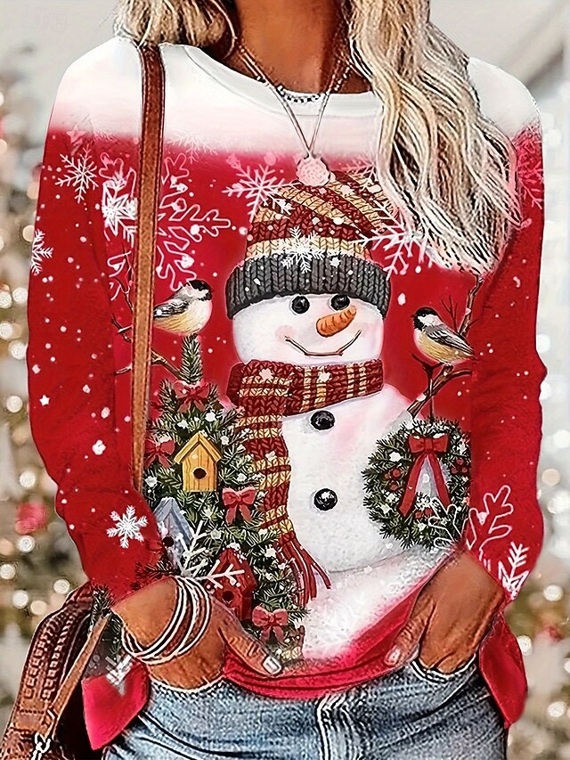 Women's T shirt Long Sleeve Crew Neck Long Sleeve Tunic Snowman Bird Print Holiday Casual Top Red White Snowflake Winter Comfort Soft Fit Festive Season Apparel Sizes Available Prefall 6