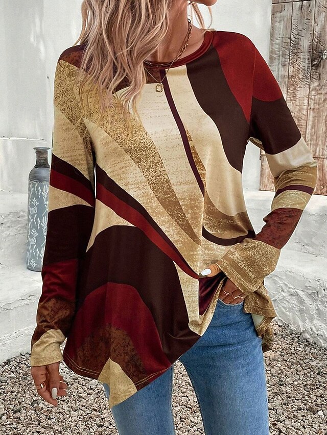 Women's Tunic T Shirt Geometric Casual Long Sleeve Crew Neck Regular Tops Daily Print Asymmetrical Brown Spring &  Fall4