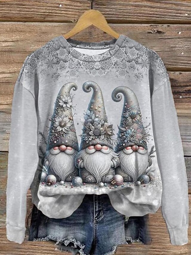 Women's Sweatshirt Winter Holiday Gnome Print Long Sleeve Crew Neck Snowflake Pattern Festive Casual Comfort Gray Blue Multi-size4