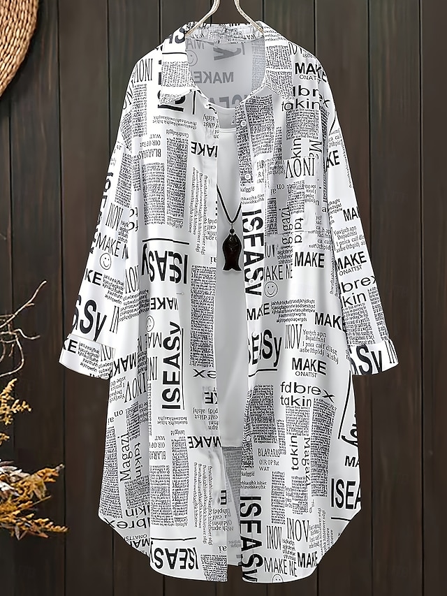  dames plus size blouse casual letter print lange mouwen lange tops overhemdkraag dagelijks wit lente&  val