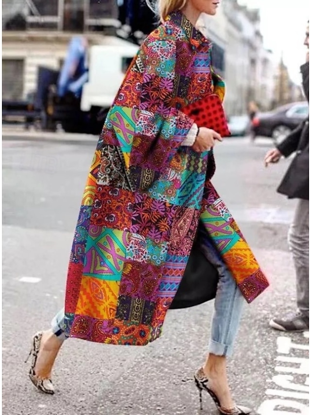 Women's Blazer Office Work Street Fall Winter Long Coat Loose Fit Thermal Warm Comtemporary Stylish Casual Jacket Long Sleeve Print Floral Print Red Blue Green
