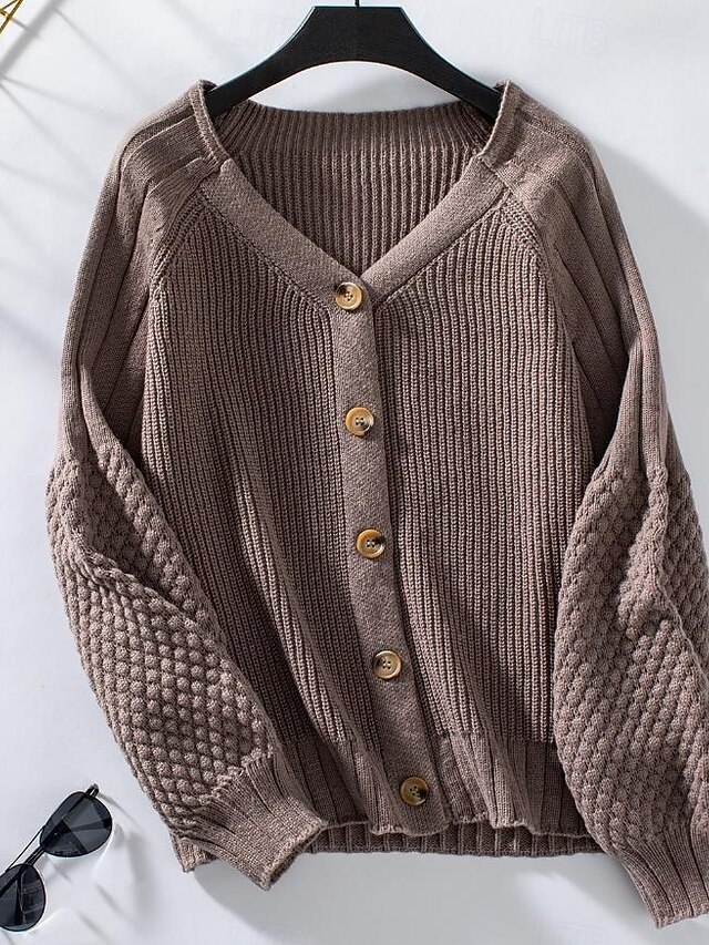 Women's Cardigan Daily Casual Pure Color V Neck Buttons Lantern Sleeve Long Sleeve Regular Tops Knit Formal Home Daily Pink Brown Fall Winter 8