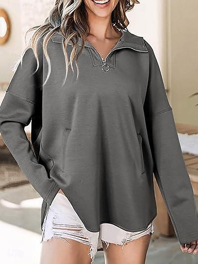  Mulheres Tecido Casual Manga Longa Gola Alta Tops regulares Rua Dia a Dia Patchwork Branco cáqui Cinzento Outono Inverno