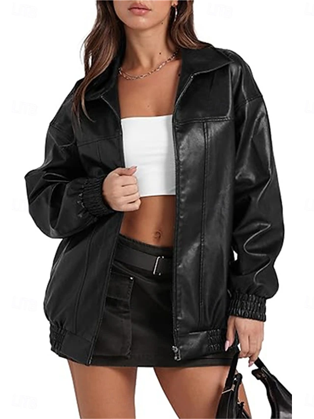 Women's Faux Leather Jacket Casual Jacket Outdoor Street Daily Wear Fall Winter Regular Coat Regular Fit Thermal Warm Breathable Stylish Casual Jacket Long Sleeve Plain with Pockets Full Zip Black 13