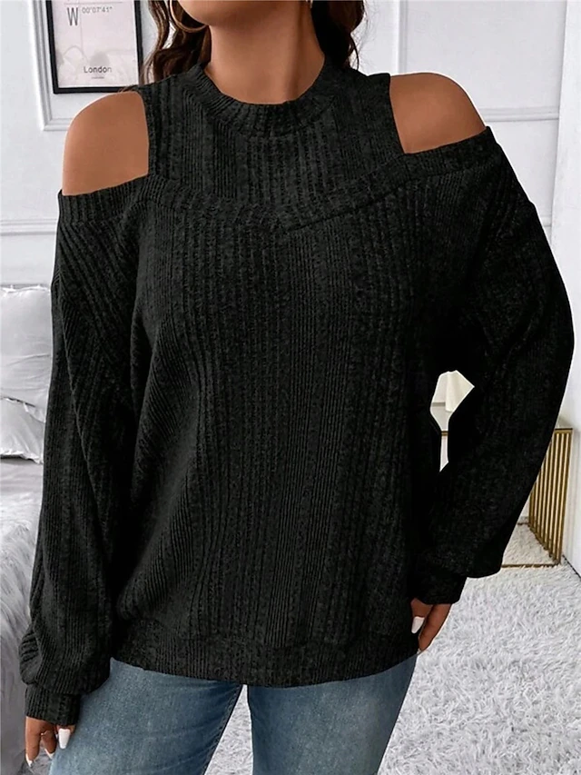 Women's Sweater Pullover Sweater Jumper Casual Soft Striped Ribbed Crew Neck Knitted Cold Shoulder Long Sleeve Regular Tops Knit Outdoor Daily Weekend Black Red Fall Winter 17