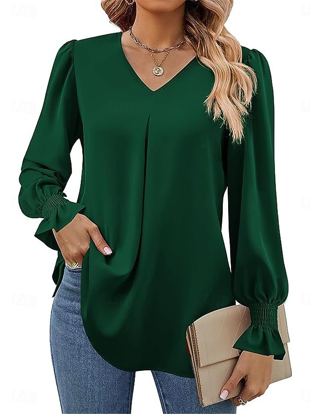  Damen Hemd Glatt Modisch Modern Brautkleider schlicht Langarm V Ausschnitt Normale Oberteile Täglich Wochenende Rüsche Rote Grün Khaki Herbst Winter
