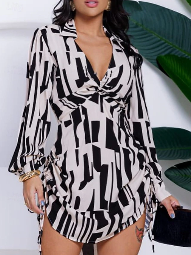 Women's Sheath Dress Geometric Drawstring Asymmetrical Hem V Neck Mini Dress Elegant Daily Long Sleeve Fall 5