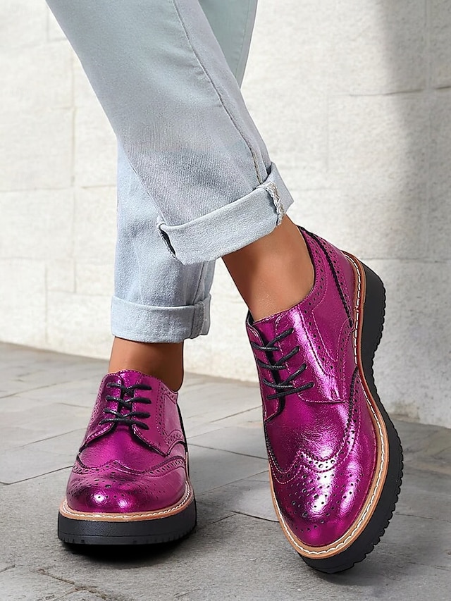  scarpe brogue oxford rosa metallizzato da donna con punta a coda di rondine, scarpe casual eleganti con lacci per feste ed eventi di moda
