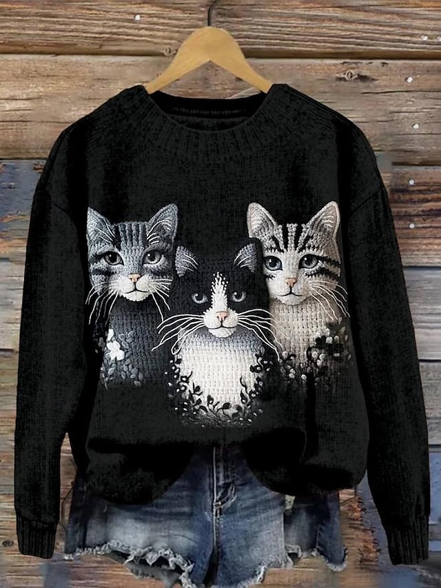  Damen Pullover Täglich Graphic Rundhalsausschnitt Bedruckt Langarm Normale Oberteile Stricken Formal Wochenende Weinrot Schwarz Herbst Winter