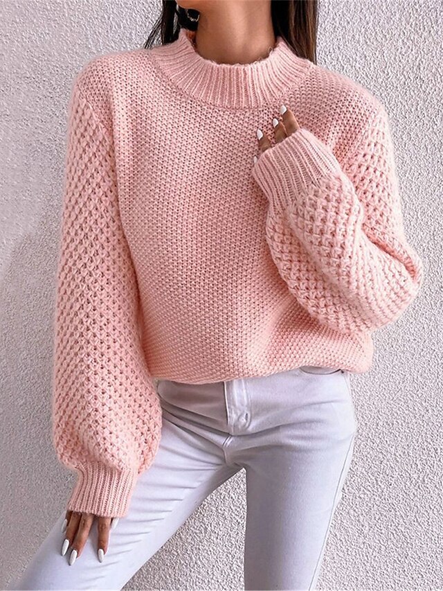 Women's Sweater Pullover Sweater Jumper Casual Soft Pure Color Ribbed Crew Neck Knitted Long Sleeve Regular Tops Knit Outdoor Daily Weekend White Pink Fall Winter 6