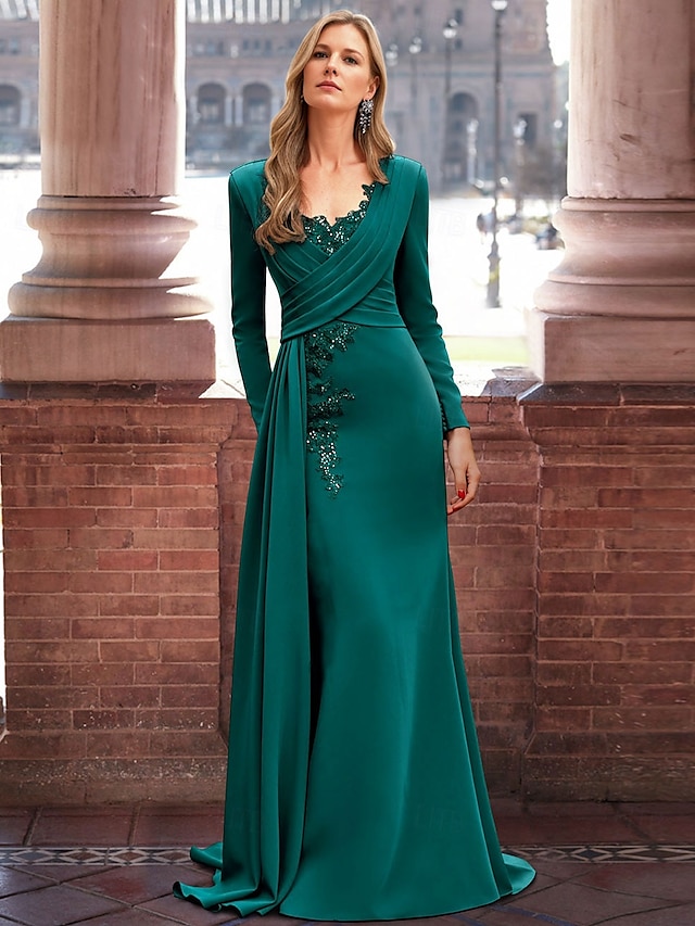  A-Linie Abendkleid Elegantes Kleid Formell Bodenlänge Langarm V-Ausschnitt Tasche Stretch-Crêpe mit Applikationen