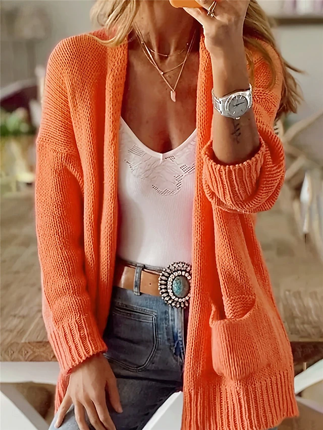 Women's Sweater Cardigan Casual Soft Pure Color Ribbed Open Front Pocket Knitted Long Sleeve Regular Tops Knit Outdoor Daily Weekend Orange Fall Winter 7