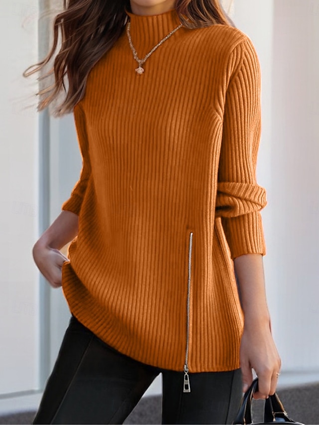  Dam Tröja Pullover tröja Ledigt Mjukt Ren färg Polokrage Delad Stickat Långärmad Långa toppar Sticka Utomhus Dagligen Helgen Rubinrött Marinblå Höst Vinter