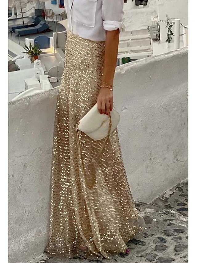 Women's Skirt Maxi Skirts Sequins Solid Colored Street Daily Winter Fashion Casual Champagne2