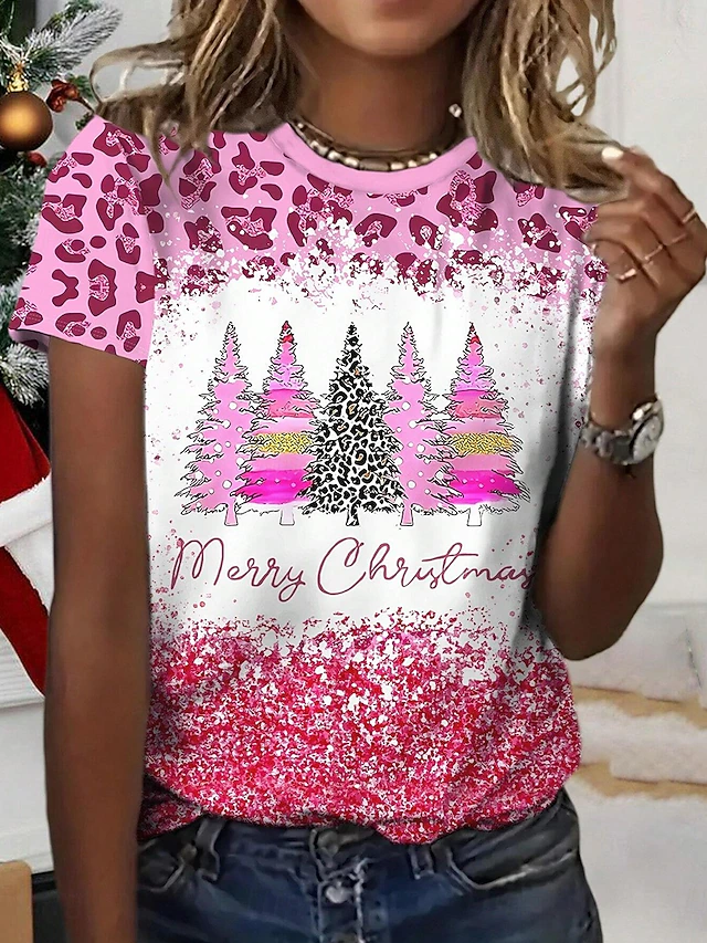 Women's T-shirt Festive Holiday Top Pink Trees Leopard Glitter Merry Casual Round Neck Short Sleeve Comfort Fit Winter Wear Multisize 6