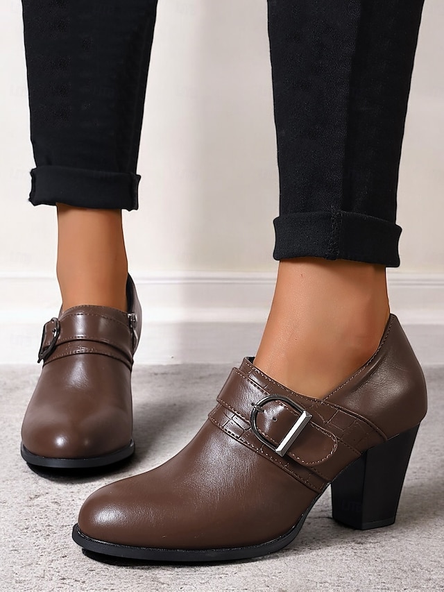  Women's Faux Leather Buckle Strap Heeled Shoes – Stylish Block Heels for Casual and Office Wear