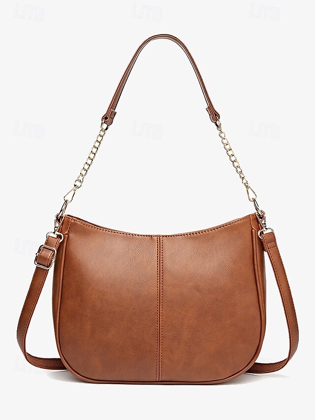  bolsa de ombro feminina marrom de couro sintético com alça de corrente dourada – bolsa tiracolo casual estilosa para o dia a dia e para o trabalho