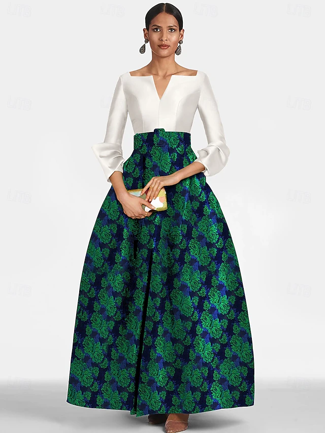 A-Line Evening Gown Brocade Floral Elegant Dress Formal Floor Length 3/4 Length Sleeve V Neck Pocket Satin with Print Wedding Guest Dress 6