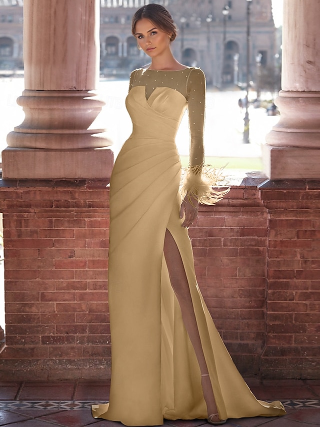  Abendkleid in A-Linie, elegantes Kleid, formelle Schleppe, lange Ärmel, Rundhalsausschnitt, Satin mit Federperlen 2025
