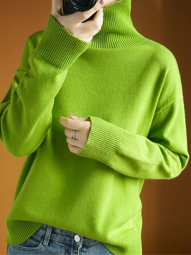 Dam Tröja Pullover tröja Ledigt Mjukt Ren färg Ribbad Polokrage Stickat Långärmad Vanliga toppar Sticka Utomhus Dagligen Helgen Marinblå Orange Höst Vinter