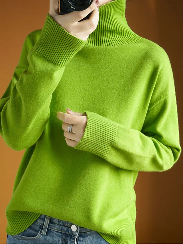 Women's Sweater Pullover Sweater Jumper Casual Soft Pure Color Ribbed Turtleneck Knitted Long Sleeve Regular Tops Knit Outdoor Daily Weekend Navy Blue Orange Fall Winter 9