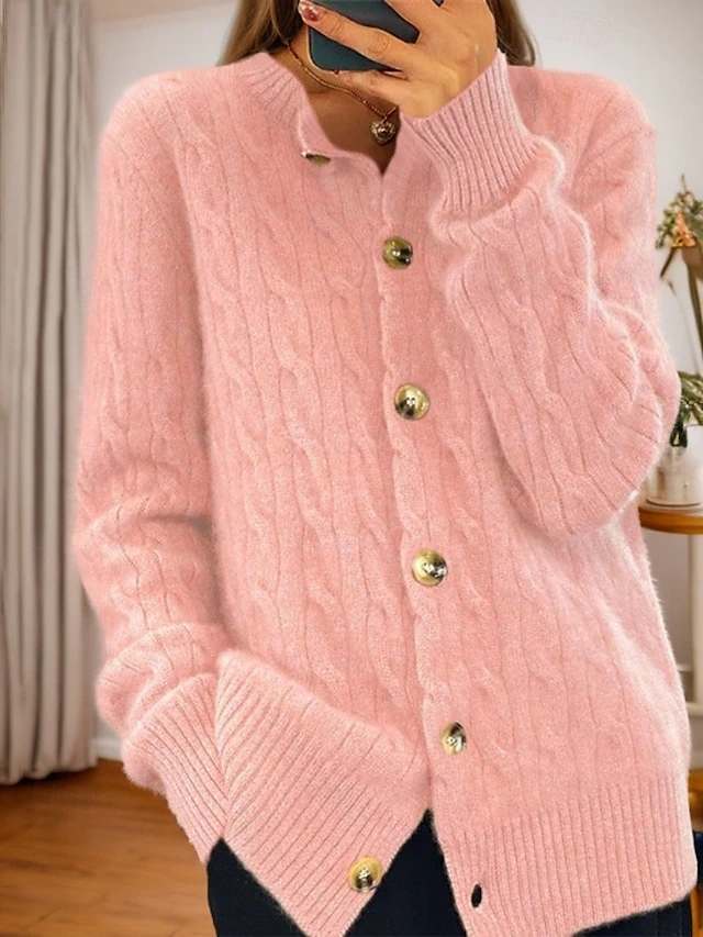 Women's Valentine Pink Sweater Cardigan Sweater Jacket Crew Neck Cable Knit Button Knitted Spring Fall Daily Vintage Daily Soft Long Sleeve Pure Color White Pink 11