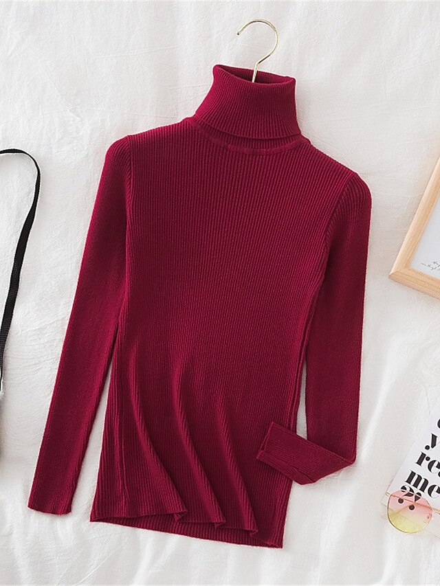 Women's Sweater Pullover Sweater Jumper Casual Soft Pure Color Ribbed Turtleneck Knitted Long Sleeve Regular Tops Knit Outdoor Daily Weekend White Wine Fall Winter4